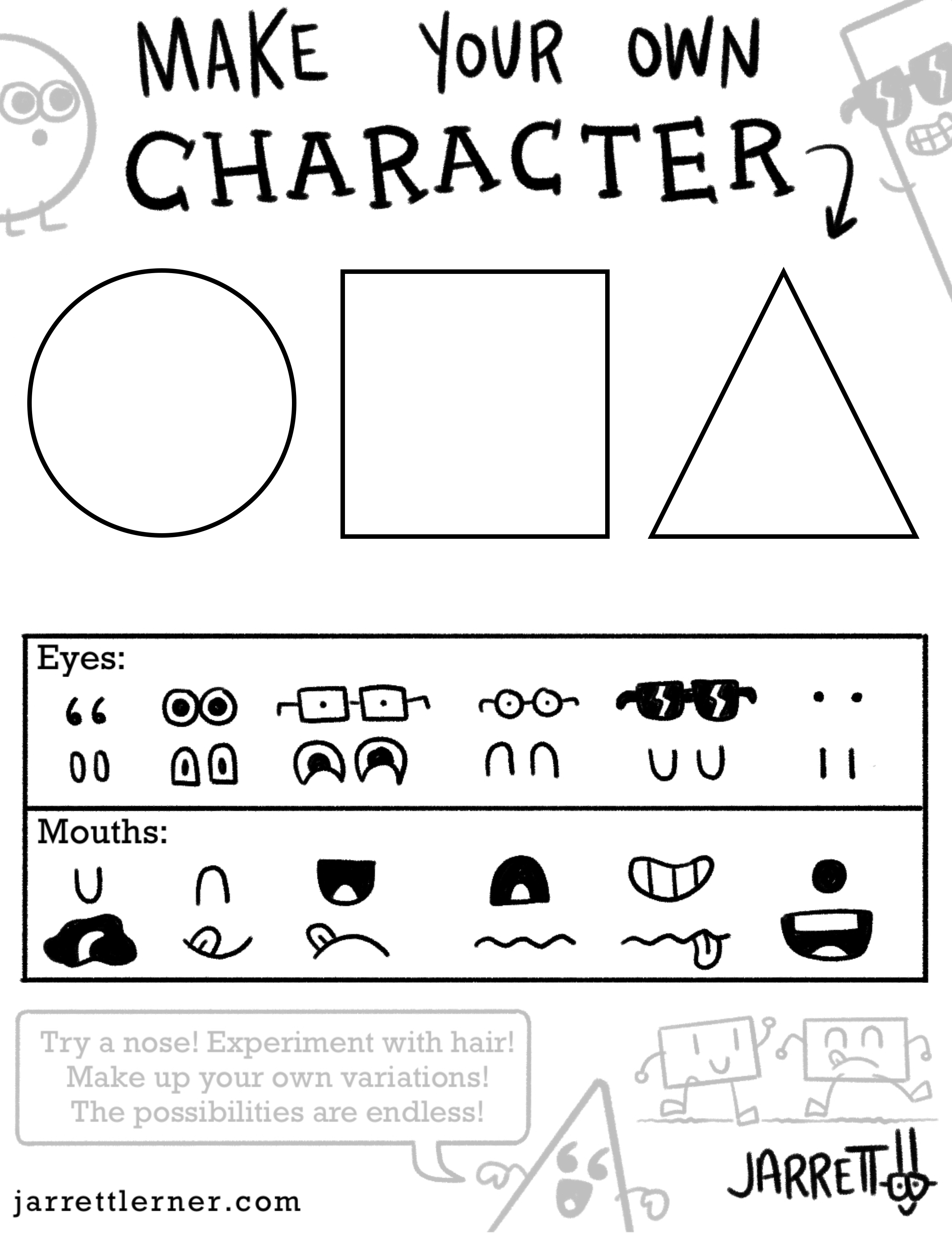 Character design using three base shapes and a variety of eyes and mouths