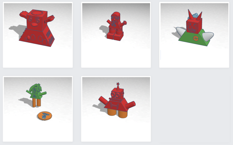 A group of 3D character designs in Tinkercad, with cube heads and trapezoid bodies